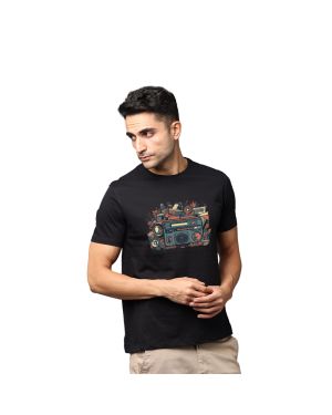 Music Retro Retro Radio Greys and Blues Pima Round Neck T-shirt -  Black