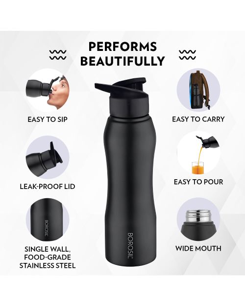 Borosil Grip N Sip Stainless Steel Bottle- Black- 750ml